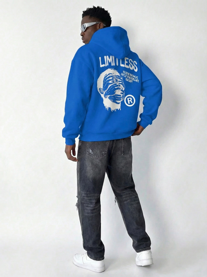 Premium Baskılı Kapşonlu Sweatshirt Üç İplik İçi Pamuklu Kanguru Cepli Double Oversize Rahat Kalıp Hoodie - Saks Mavi