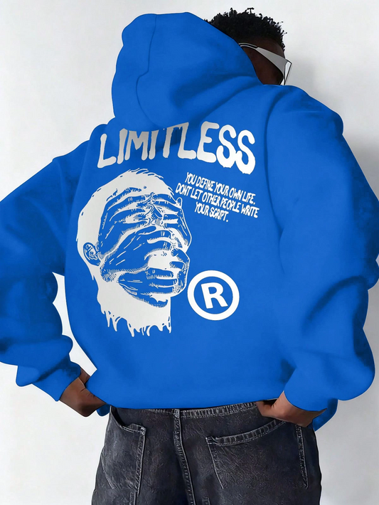 Premium Baskılı Kapşonlu Sweatshirt Üç İplik İçi Pamuklu Kanguru Cepli Double Oversize Rahat Kalıp Hoodie - Saks Mavi