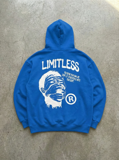 Premium Baskılı Kapşonlu Sweatshirt Üç İplik İçi Pamuklu Kanguru Cepli Double Oversize Rahat Kalıp Hoodie - Saks Mavi