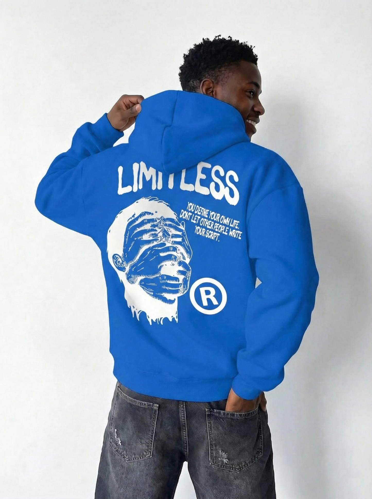 Premium Baskılı Kapşonlu Sweatshirt Üç İplik İçi Pamuklu Kanguru Cepli Double Oversize Rahat Kalıp Hoodie - Saks Mavi