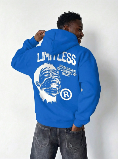 Premium Baskılı Kapşonlu Sweatshirt Üç İplik İçi Pamuklu Kanguru Cepli Double Oversize Rahat Kalıp Hoodie - Saks Mavi