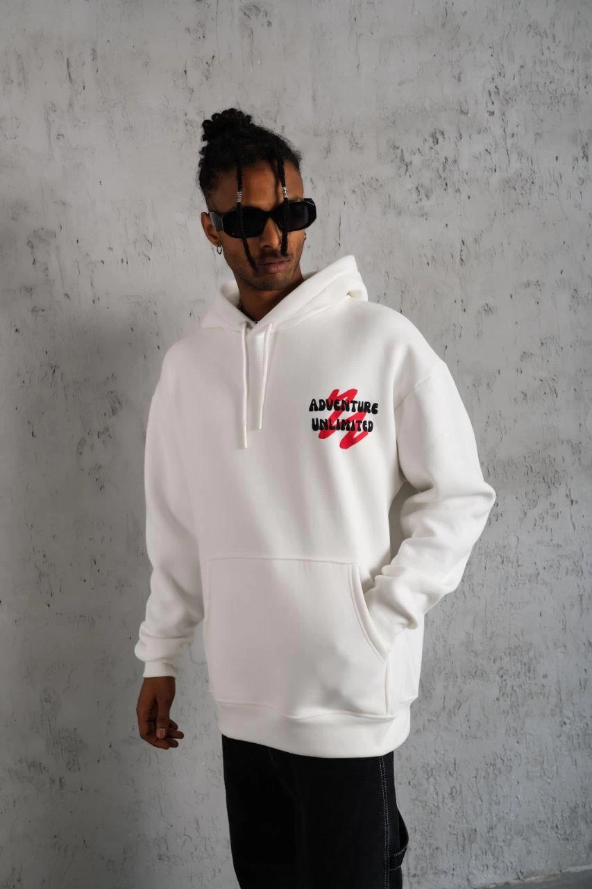 Şapkalı Güvercin Baskılı Kapşonlu Sweat - Beyaz -