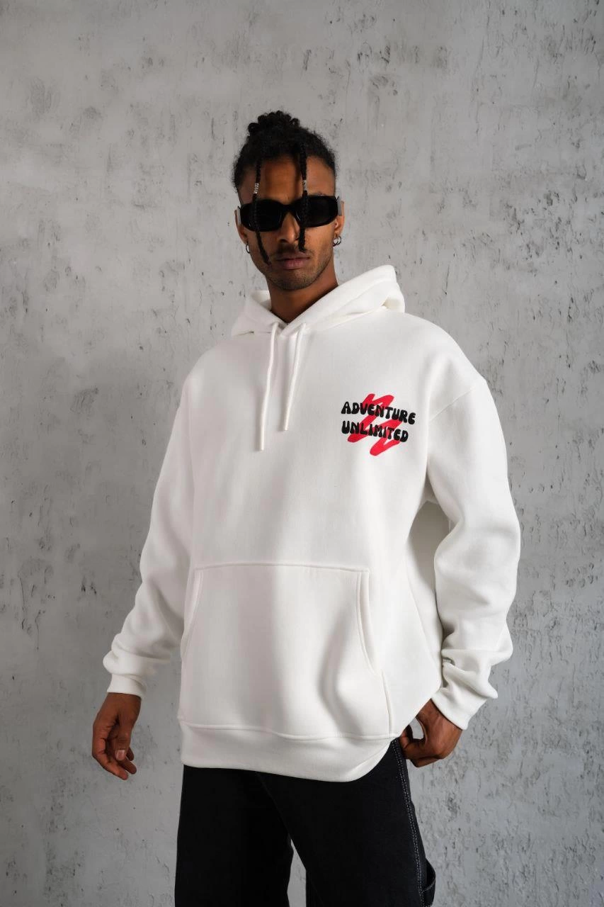 Şapkalı Güvercin Baskılı Kapşonlu Sweat - Beyaz -