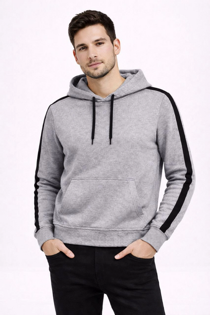 Erkek Şeritli Kapüşonlu Sweatshirt Oversize 3 iplik Pamuklu - Gri