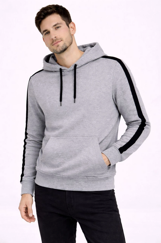 Erkek Şeritli Kapüşonlu Sweatshirt Oversize 3 iplik Pamuklu - Gri