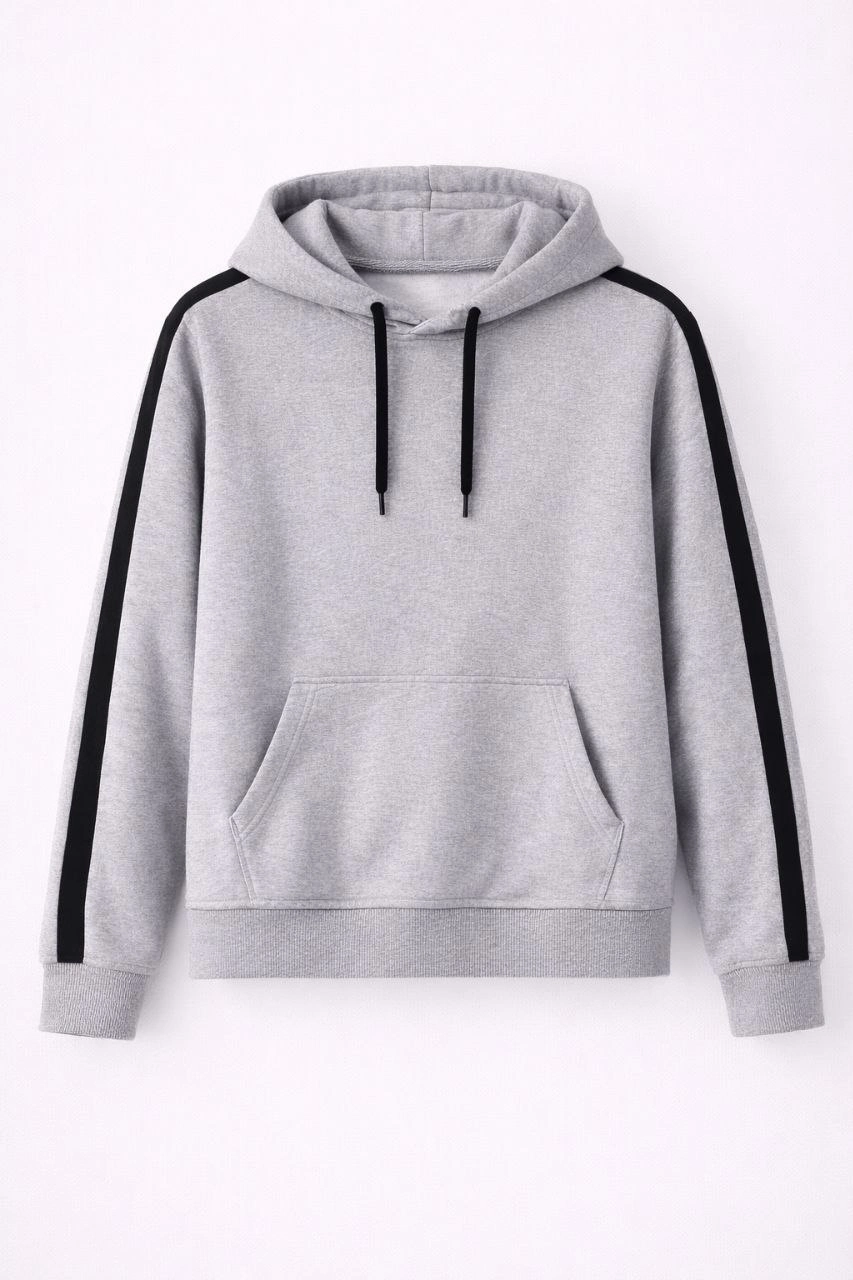 Erkek Şeritli Kapüşonlu Sweatshirt Oversize 3 iplik Pamuklu - Gri