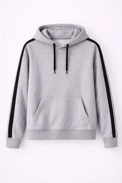 Erkek Şeritli Kapüşonlu Sweatshirt Oversize 3 iplik Pamuklu - Gri