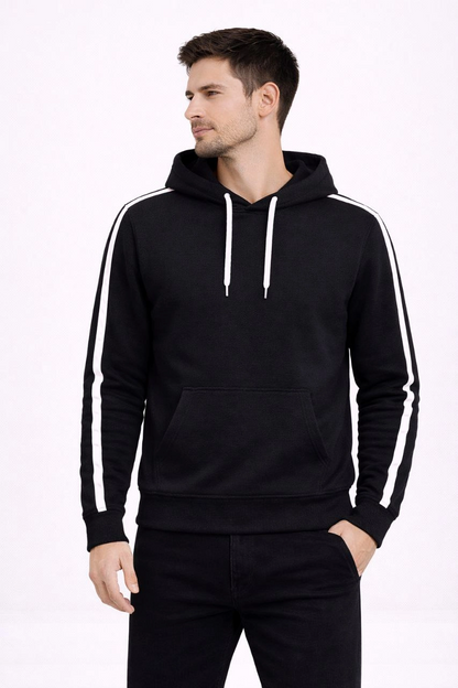 Erkek Şeritli Kapüşonlu Sweatshirt Oversize 3 iplik Pamuklu - Siyah