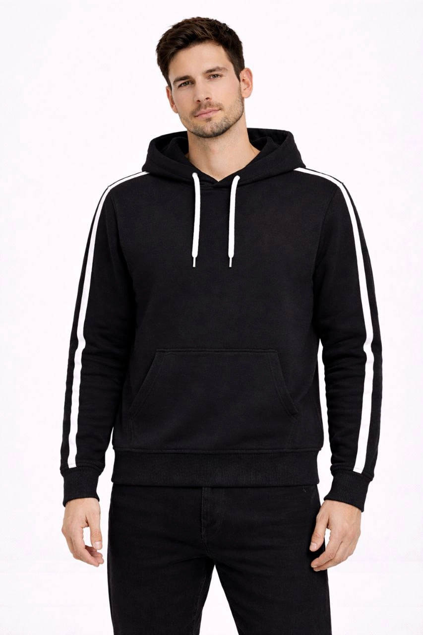 Erkek Şeritli Kapüşonlu Sweatshirt Oversize 3 iplik Pamuklu - Siyah