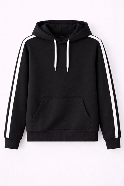 Erkek Şeritli Kapüşonlu Sweatshirt Oversize 3 iplik Pamuklu - Siyah