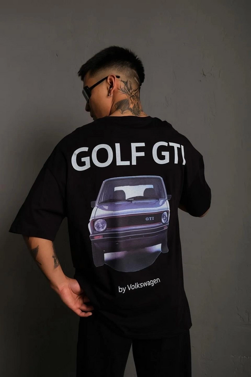 Oversize Baskılı Tişört - Golf GTI Retro Araba Desenli,- Siyah -