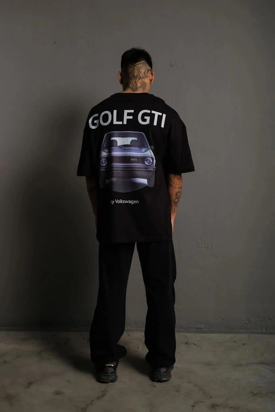 Oversize Baskılı Tişört - Golf GTI Retro Araba Desenli,- Siyah -