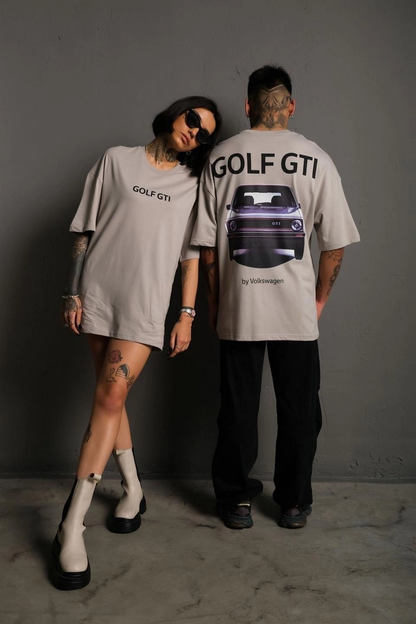 Oversize Baskılı Tişört - Golf GTI Retro Araba Desenli - Gri -