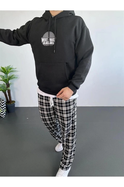 Oversize Kapüşonlu Sweatshirt - Siyah Sırt ve Ön Baskılı-Siyah -