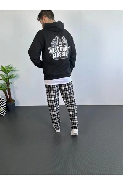 Oversize Kapüşonlu Sweatshirt - Siyah Sırt ve Ön Baskılı-Siyah -