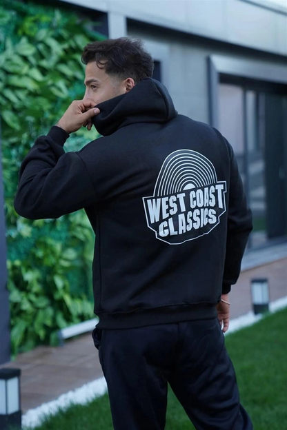 Oversize Kapüşonlu Sweatshirt - Siyah Sırt ve Ön Baskılı-Siyah -