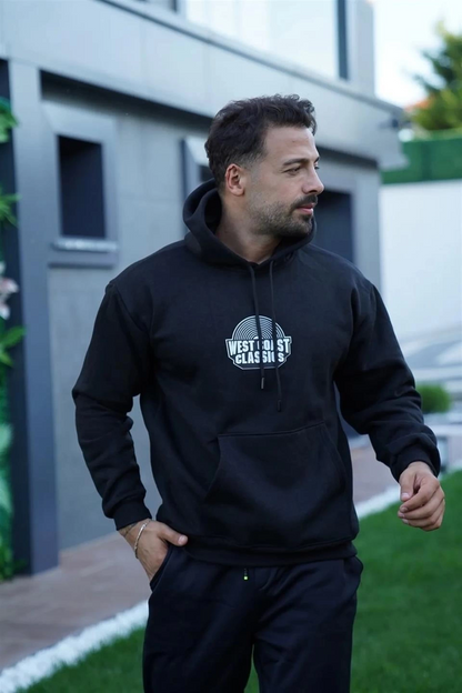 Sırt Baskılı Kapüşonlu Üç İplik Oversize Sweatshirt - Siyah -