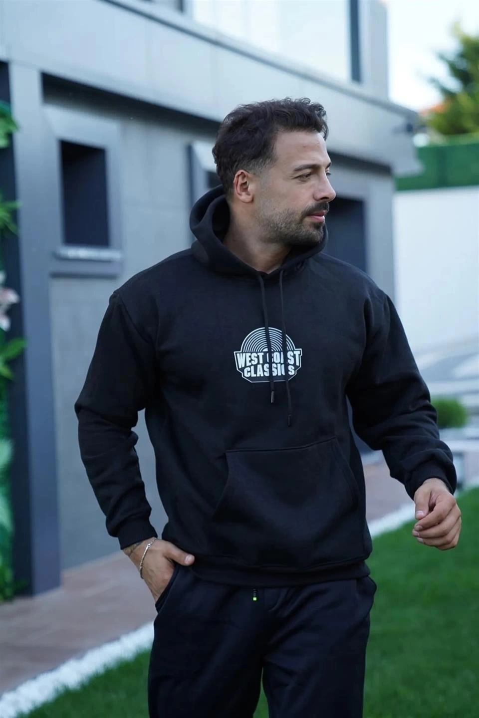 Oversize Kapüşonlu Sweatshirt - Siyah Sırt ve Ön Baskılı-Siyah -