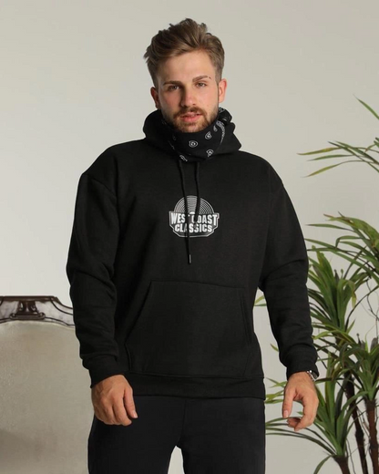 Oversize Kapüşonlu Sweatshirt - Siyah Sırt ve Ön Baskılı-Siyah -