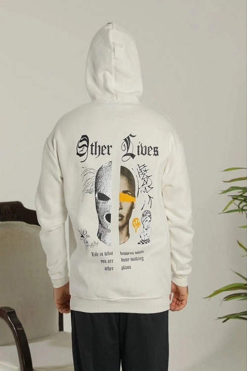 Kapşonlu Sweatshirt - Oversize 'Other Lives' Ön  Arka Baskılı,- Beyaz -