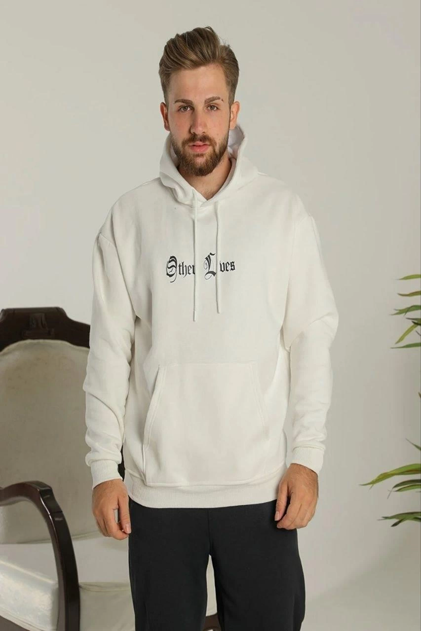 Kapşonlu Sweatshirt - Oversize 'Other Lives' Ön  Arka Baskılı,- Beyaz -