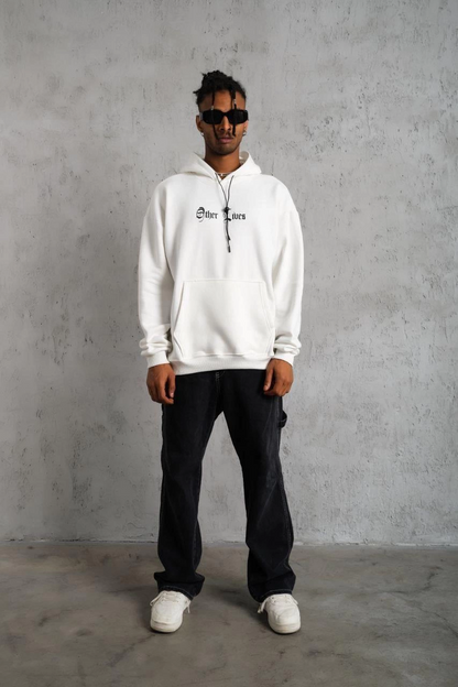 Kapşonlu Sweatshirt - Oversize 'Other Lives' Ön  Arka Baskılı,- Beyaz -