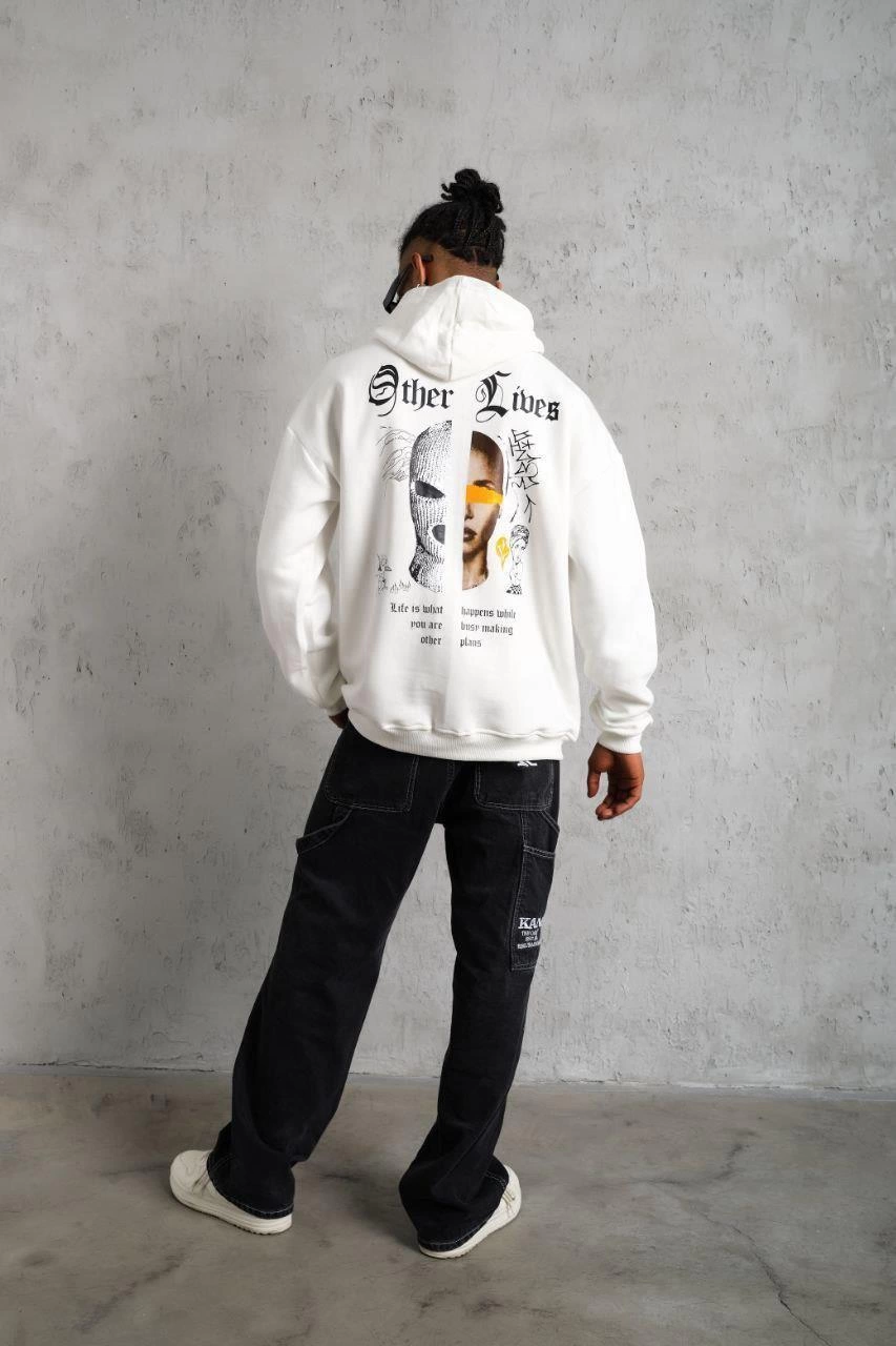 Kapşonlu Sweatshirt - Oversize 'Other Lives' Ön  Arka Baskılı,- Beyaz -