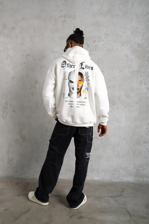 Oversize Kapüşonlu Sweatshirt - Beyaz 'Other Lives' Ön ve Arka Baskılı Beyaz -