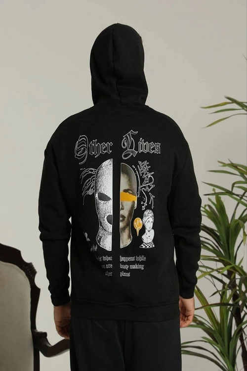 Kapşonlu Sweatshirt - Oversize 'Other Lives' Ön  Arka Baskılı,-Siyah -