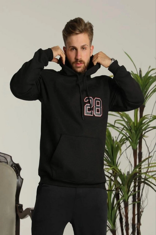 Oversize Kapüşonlu Sweatshirt -Sırt ve Ön Baskılı, Siyah -