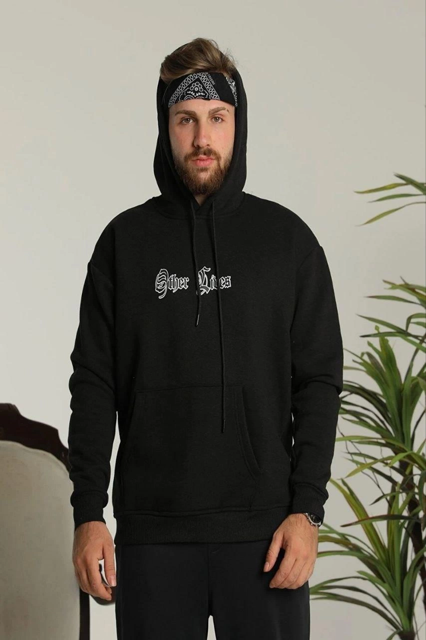 Kapşonlu Sweatshirt'Other Lives' Ön  Arka Baskılı Siyah -