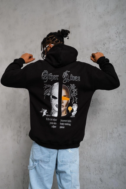 Kapşonlu Sweatshirt'Other Lives' Ön  Arka Baskılı Siyah -
