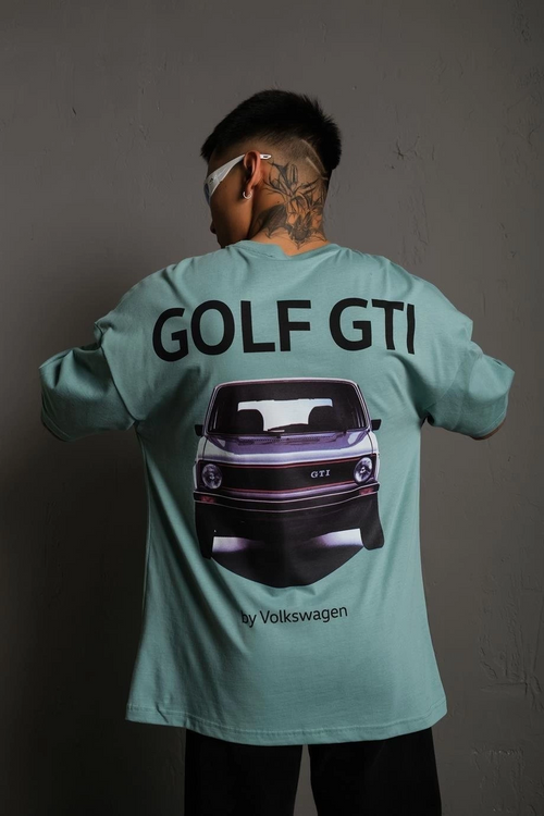 Oversize Baskılı Tişört - Golf GTI Retro Araba Desenli,-Mint Yeşili -