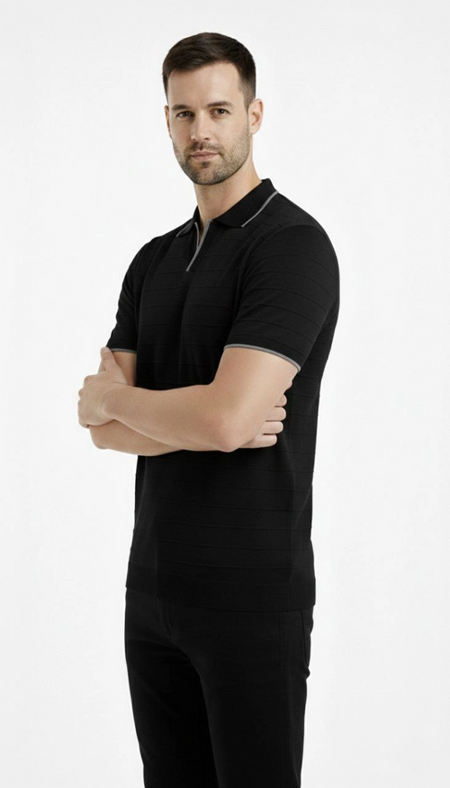 Erkek Yazlık Dokuma Triko Tişört Düğmesiz Polo Yaka Kısa Kol T-Shirt - Siyah