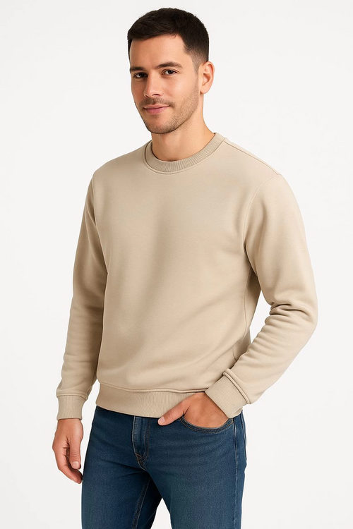 Üç İplik Düz Bisiklet Yaka SweatShirt - Bej -