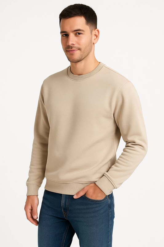 Üç İplik Düz Bisiklet Yaka SweatShirt - Bej -
