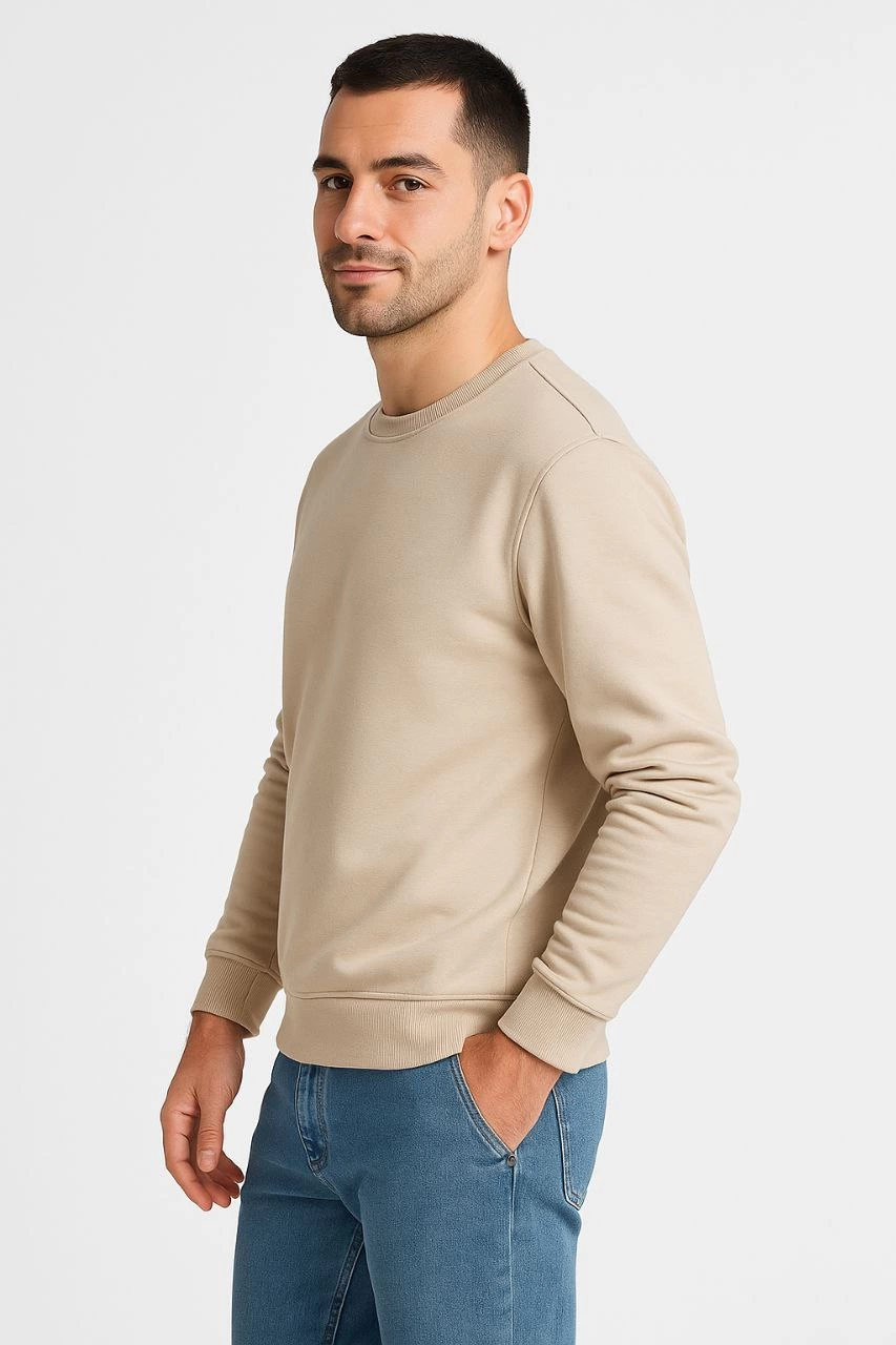 Üç İplik Düz Bisiklet Yaka SweatShirt - Bej -