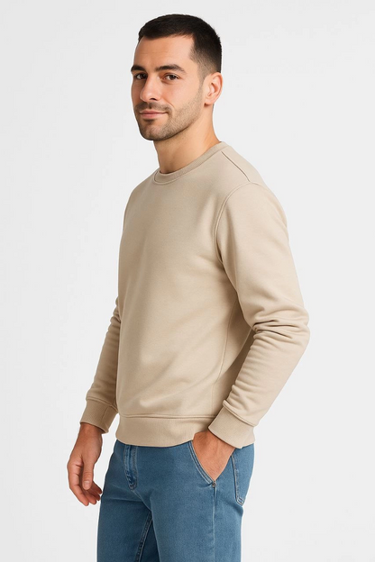 Üç İplik Düz Bisiklet Yaka SweatShirt - Bej -
