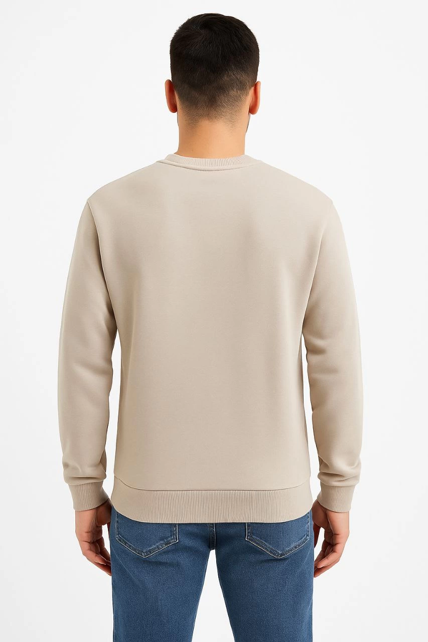 Üç İplik Düz Bisiklet Yaka SweatShirt - Bej -