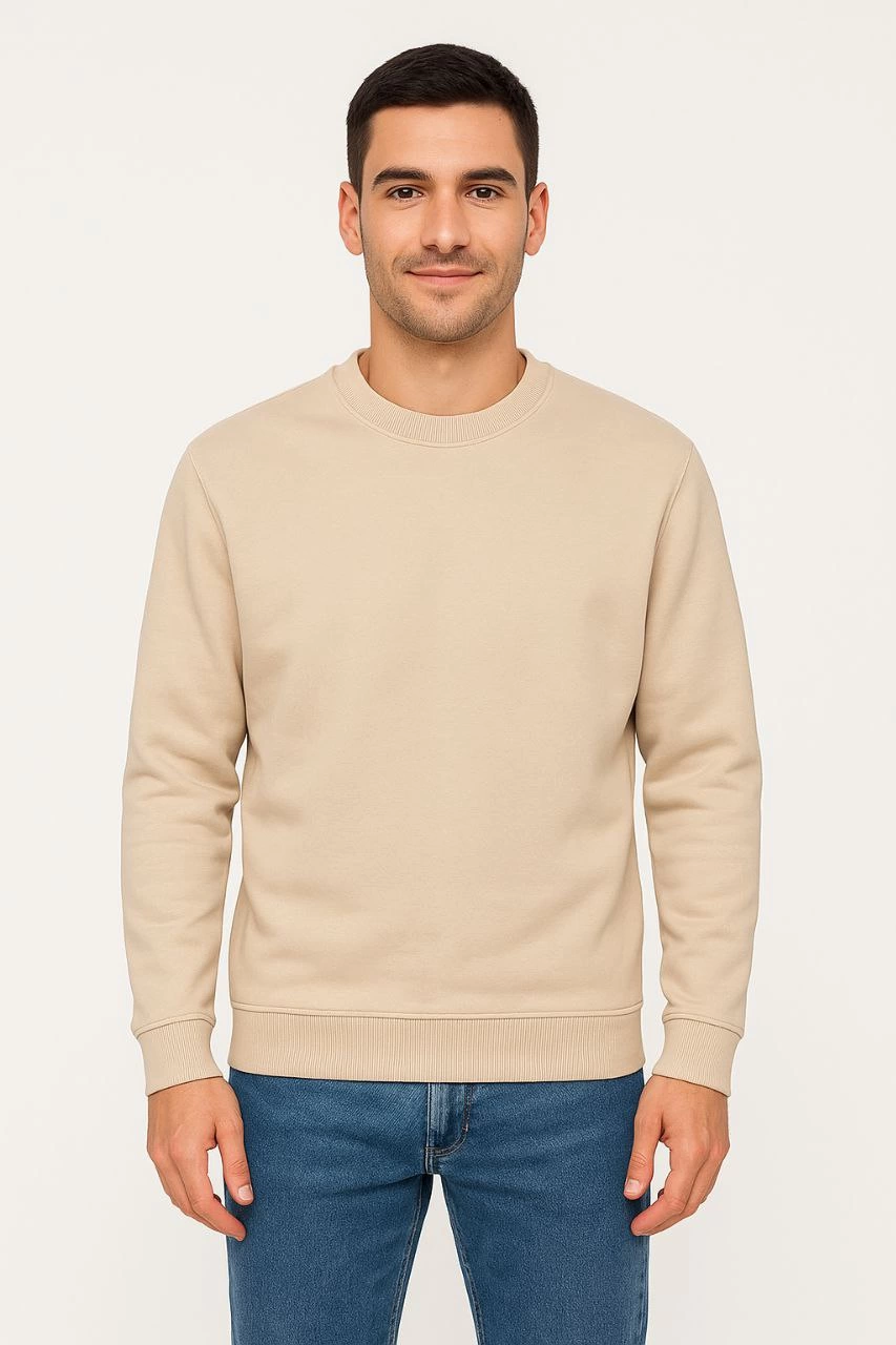 Üç İplik Düz Bisiklet Yaka SweatShirt - Bej -