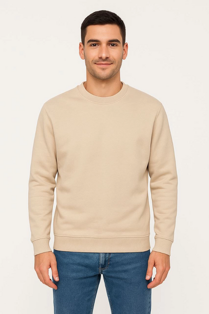 Üç İplik Düz Bisiklet Yaka SweatShirt - Bej -