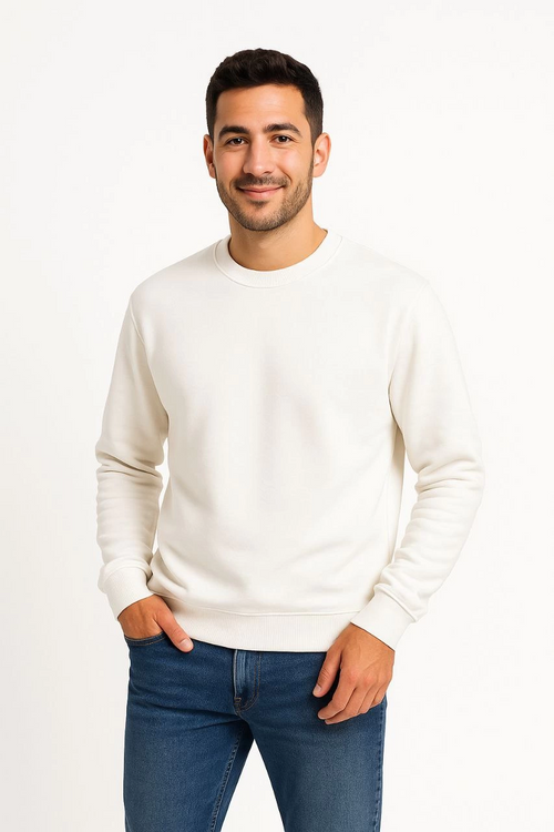 Üç İplik Düz Bisiklet Yaka SweatShirt - Beyaz -