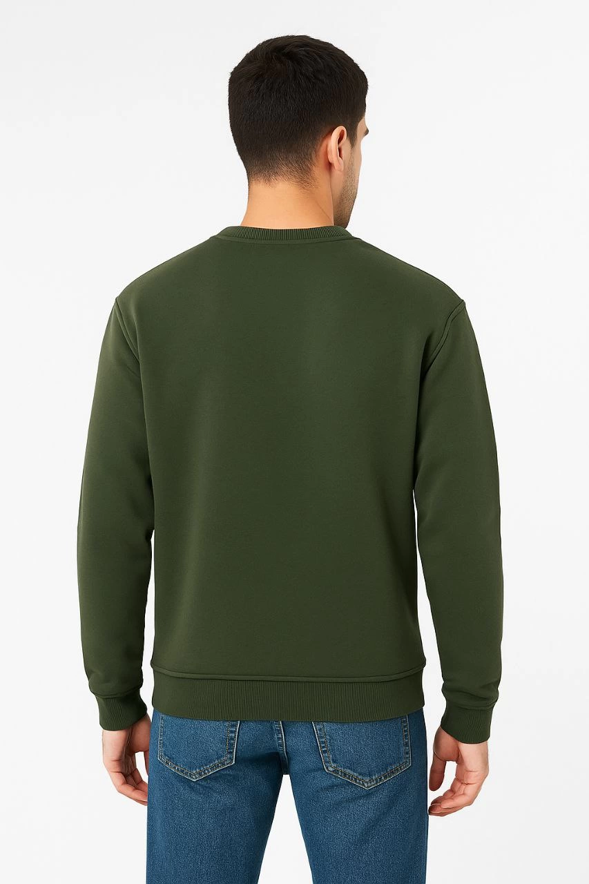 Üç İplik Düz Bisiklet Yaka SweatShirt - Haki