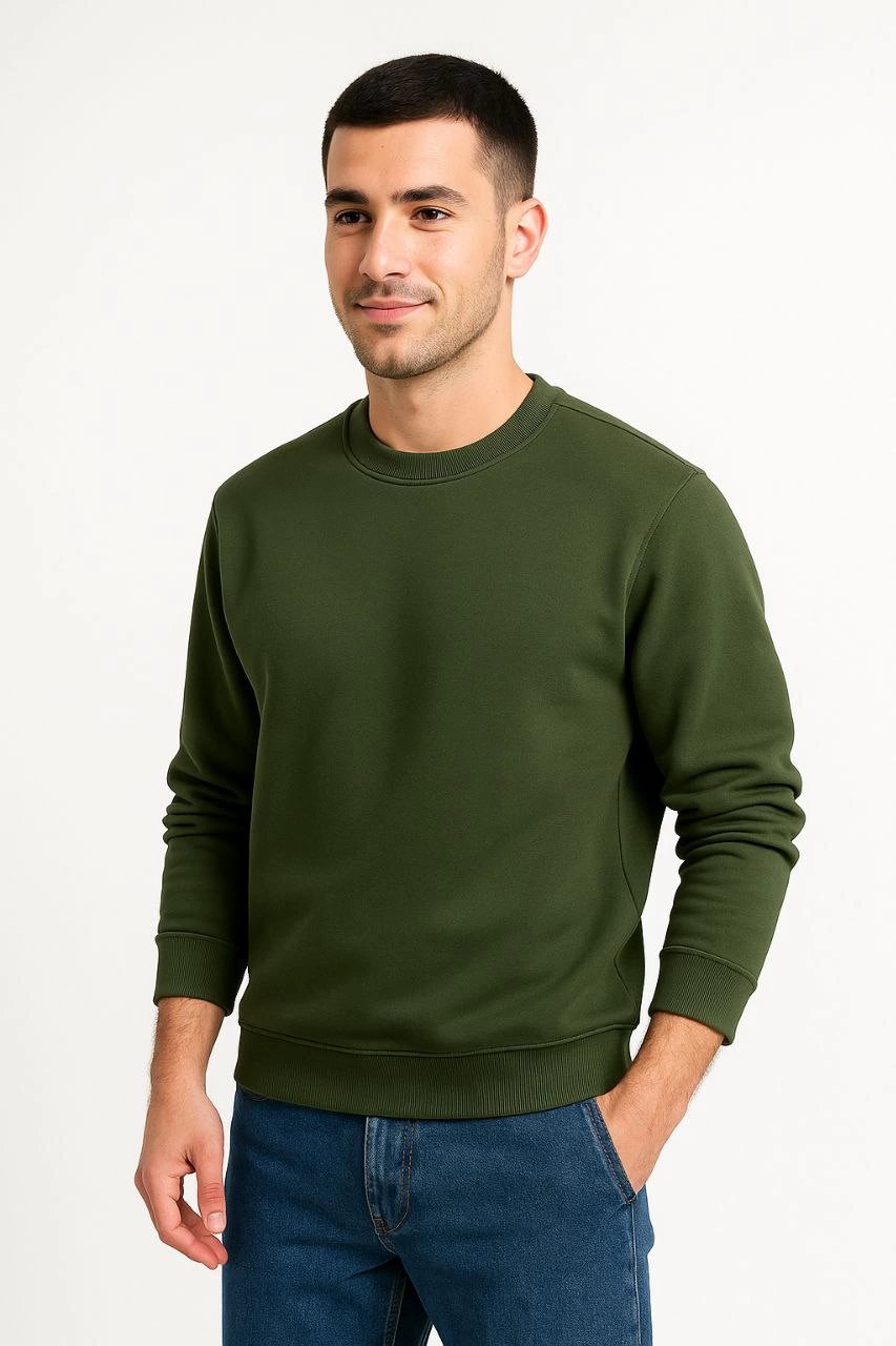 Üç İplik Düz Bisiklet Yaka SweatShirt - Haki