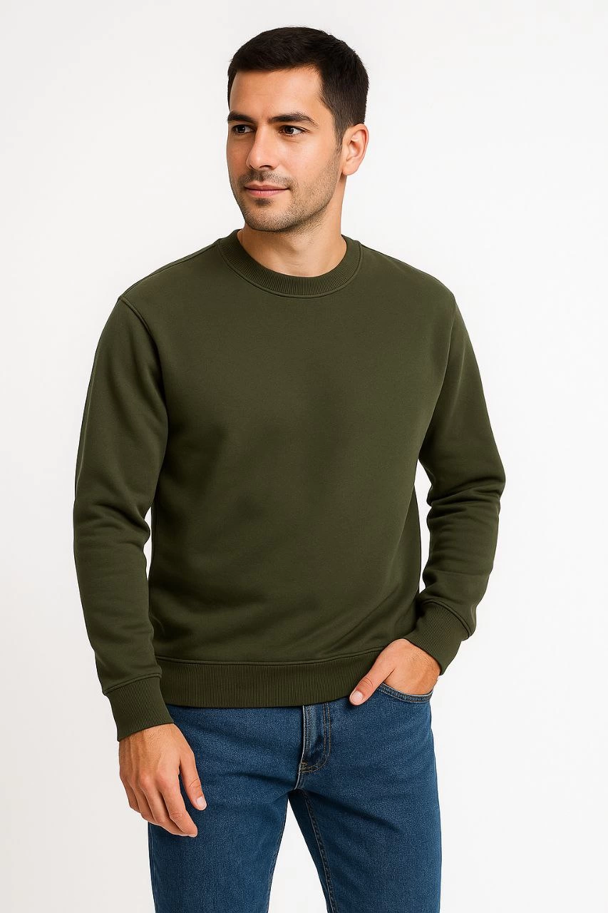 Üç İplik Düz Bisiklet Yaka SweatShirt - Haki