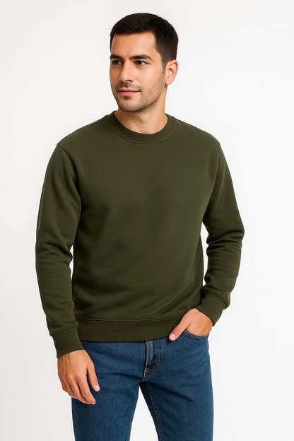 Üç İplik Düz Bisiklet Yaka SweatShirt - Haki