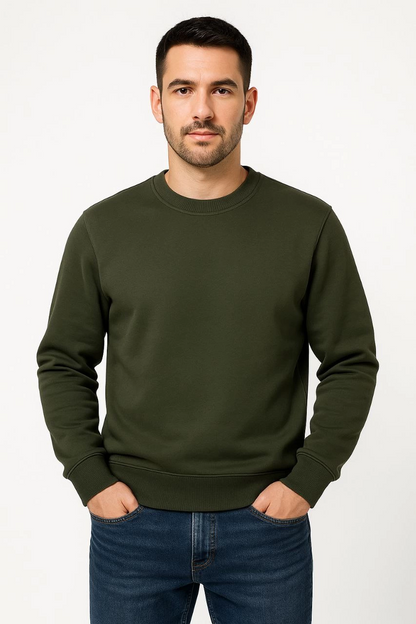 Üç İplik Düz Bisiklet Yaka SweatShirt - Haki