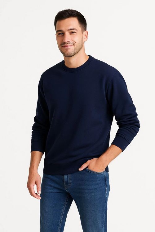 Üç İplik Düz Bisiklet Yaka SweatShirt - Lacivert