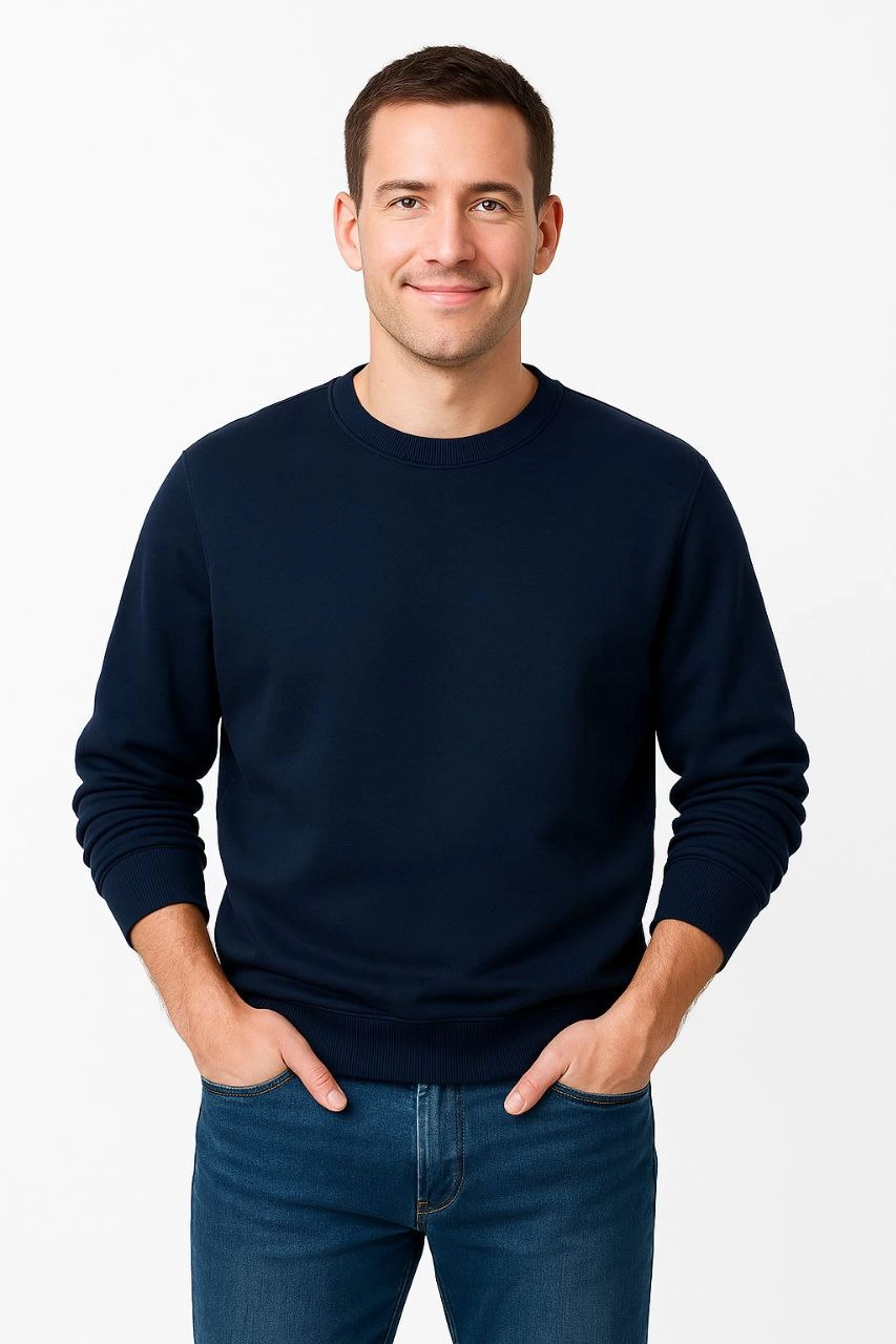 Üç İplik Düz Bisiklet Yaka SweatShirt - Lacivert