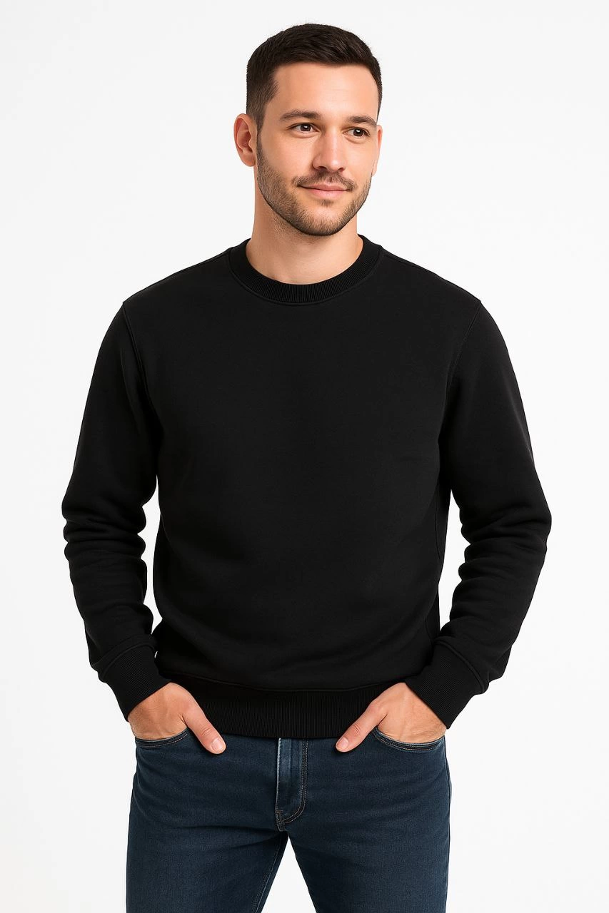 Üç İplik Düz Bisiklet Yaka SweatShirt - Siyah -